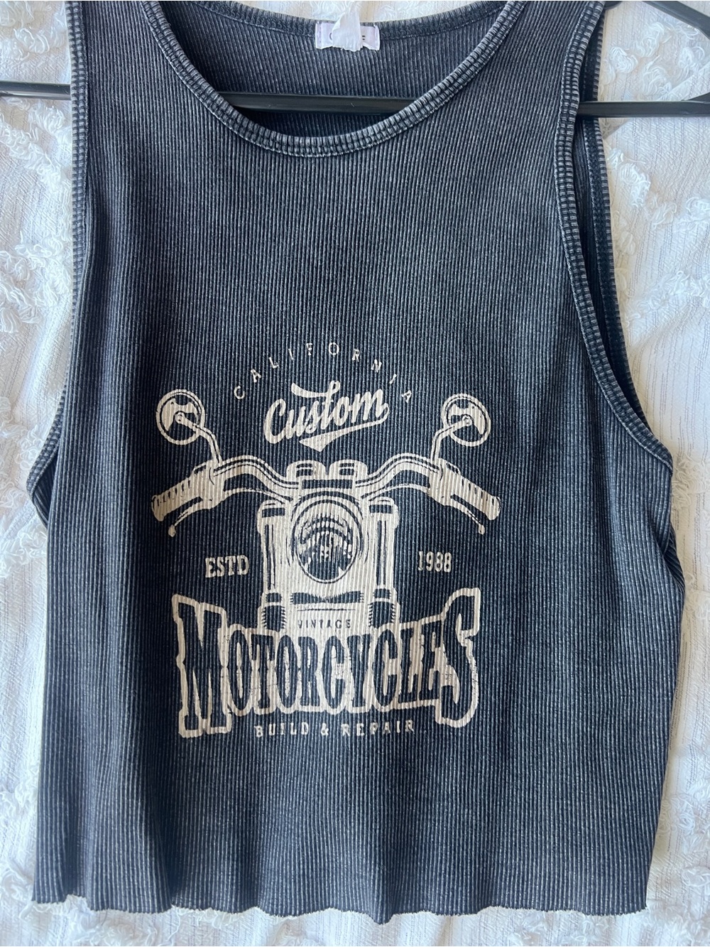 Garage Black Ribbed Tank with Cream Motorcycle Print